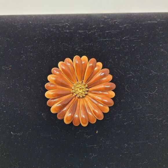 Vintage 60s Brown Orange Enamel Flower Brooch Pin Mid-Century Mod Sunflower Lg - Picture 6 of 6